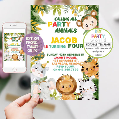 DIY Editable Safari Animals Birthday Party Invitation B1005 - DIY Party World
