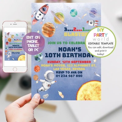 DIY Editable Blue Space Birthday Party Invitation B1002 - DIY Party World