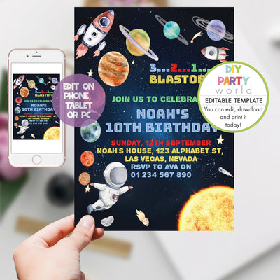 DIY Editable Planets Space Birthday Party Invitation B1002 - DIY Party World