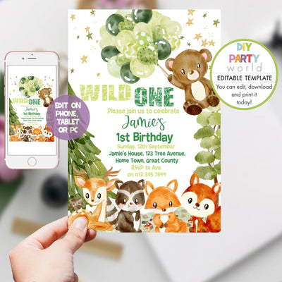DIY Editable Woodland Animals 1st Birthday Invitation Green B1011 - DIY Party World