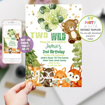 DIY Editable Woodland Animals 2nd Birthday Invitation Green B1011 - DIY Party World