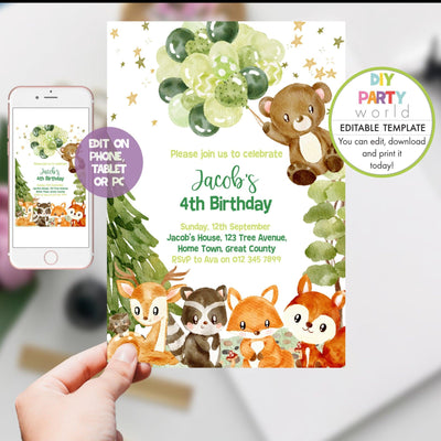 DIY Editable Woodland Animals Birthday Invitation Green B1011 - DIY Party World