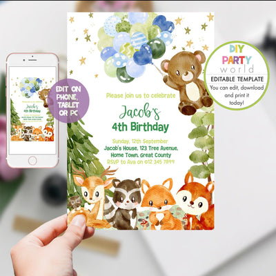 DIY Editable Woodland Animals Birthday Invitation Blue B1011 - DIY Party World
