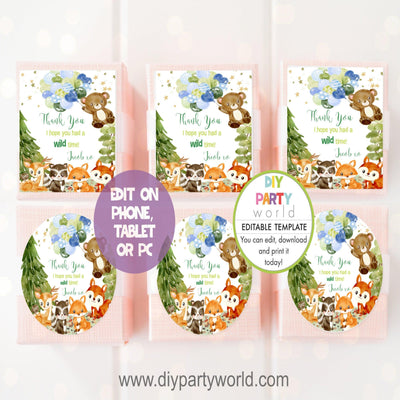DIY Editable Woodland Animals Party Favour Tags Blue B1011 - DIY Party World