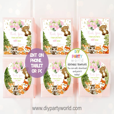 DIY Editable Woodland Animals Party Favour Tags Pink B1011 - DIY Party World