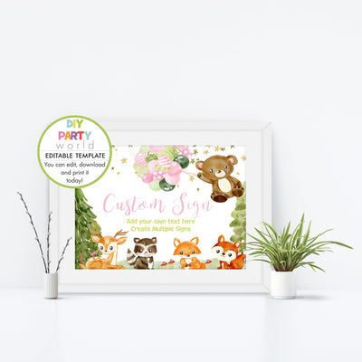 DIY Editable Woodland Animals Custom Party Sign Decoration Pink B1011 - DIY Party World
