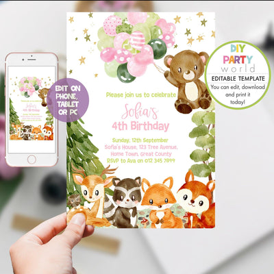 DIY Editable Woodland Animals Birthday Invitation Pink B1011 - DIY Party World