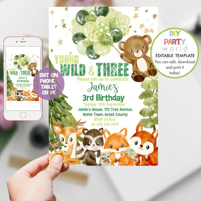DIY Editable Woodland Animals 3rd Birthday Invitation Green B1011 - DIY Party World