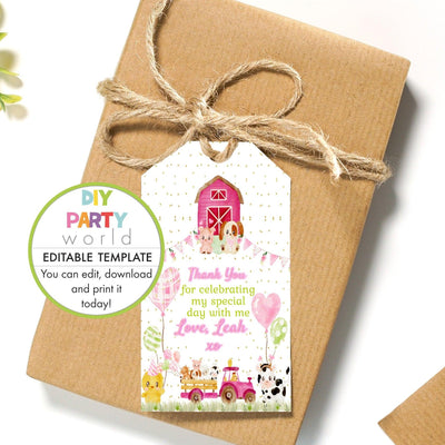 DIY Editable Pink Farm Animals Favour Tag B1009 - DIY Party World