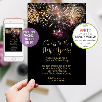 DIY Editable Fireworks New Year's Eve Party Invitation Y1003 - DIY Party World