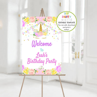 DIY Editable Floral Unicorn Birthday Party Welcome Sign B1006 - DIY Party World