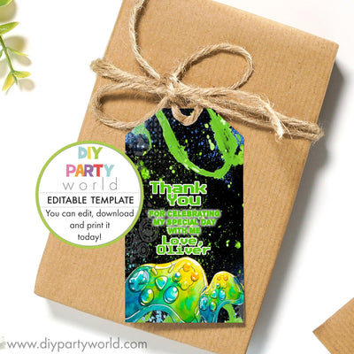 DIY Editable Gaming Party Favour Tag Green B1010 - DIY Party World