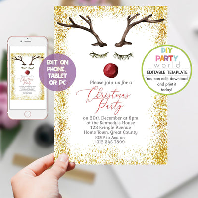 DIY Editable Red Nosed Reindeer Christmas Party Invitation C1017 - DIY Party World