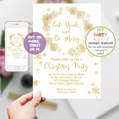 DIY Editable Gold Snowflake Wreath Christmas Invitation C1019 - DIY Party World