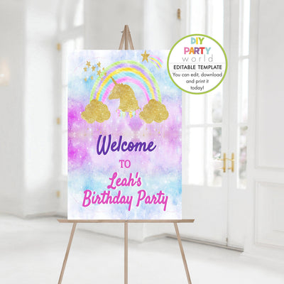 DIY Editable Gold Unicorn Birthday Party Welcome Sign B1006 - DIY Party World
