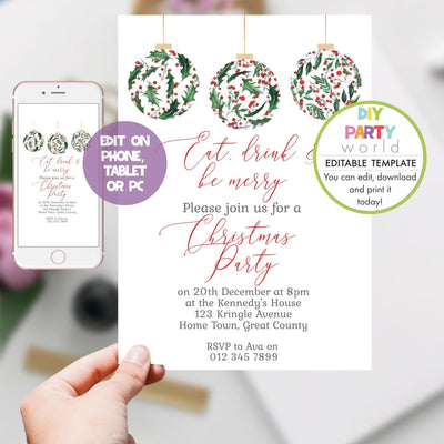 DIY Editable Holly Baubles Christmas Party Invitation C1019 - DIY Party World
