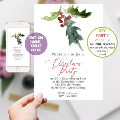 DIY Editable Holly Christmas Invitation C1019 - DIY Party World