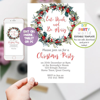 DIY Editable Holly Wreath Christmas Party Invitation C1019 - DIY Party World