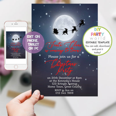 DIY Editable Moonlight Santa Christmas Party Invitation C1014 - DIY Party World