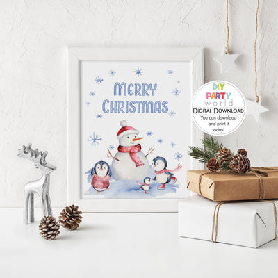 DIY Penguin and Snowman Merry Christmas Sign Decoration Printable - DIY Party World