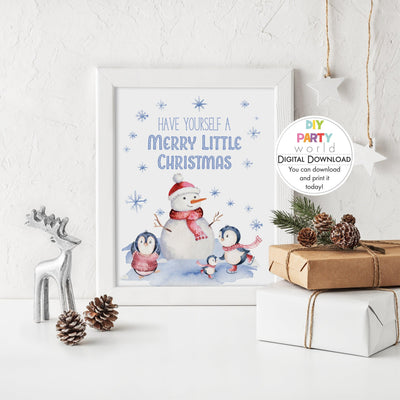 DIY Penguin and Snowman Merry Little Christmas Sign Decoration Printable - DIY Party World