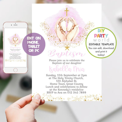 DIY Editable Pink Baby Feet Baptism Invitation Template R1001 - DIY Party World