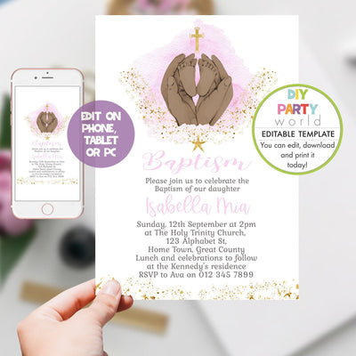 DIY Editable Pink Baby Feet Baptism Invitation R1001 - DIY Party World
