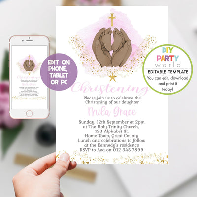 DIY Editable Pink Baby Feet Christening Invitation Template R1001 - DIY Party World