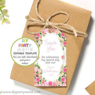 DIY Editable Pink Floral Party Favour Tag 1013 - DIY Party World