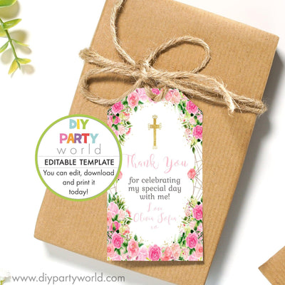 DIY Editable Pink Floral Party Favour Tag Gold Cross R1005 - DIY Party World