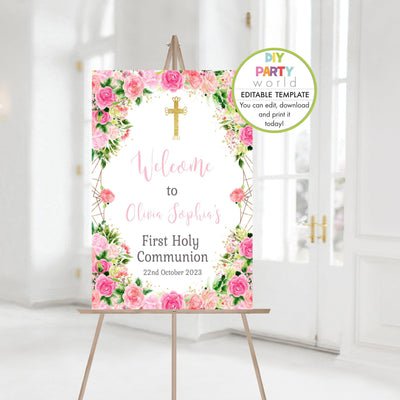 DIY Editable Pink Floral Welcome Sign Gold Cross R1005 - DIY Party World