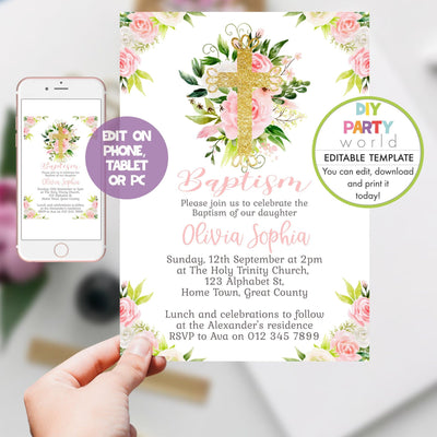 DIY Editable Pink Floral Gold Cross Baptism Invitation R1003 - DIY Party World