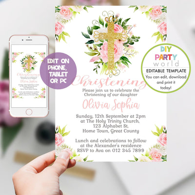 DIY Editable Pink Floral Gold Cross Christening Invitation R1003 - DIY Party World