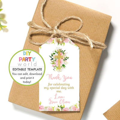 DIY Editable Pink Floral Gold Cross Favour Tag R1003 - DIY Party World