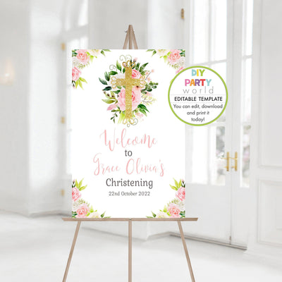 DIY Editable Pink Floral Gold Cross Welcome Sign R1003 - DIY Party World