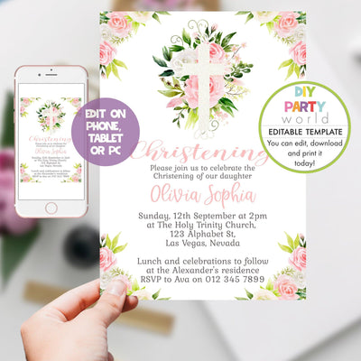 DIY Editable Pink Floral White Cross Christening Invitation R1003 - DIY Party World