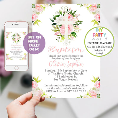 DIY Editable Pink Floral White Cross Baptism Invitation Template R1003 - DIY Party World