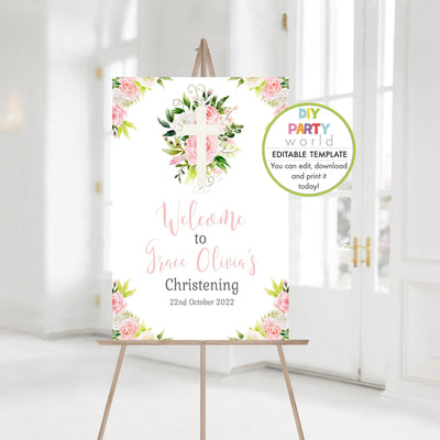 DIY Editable Pink Floral White Cross Welcome Sign R1003 - DIY Party World