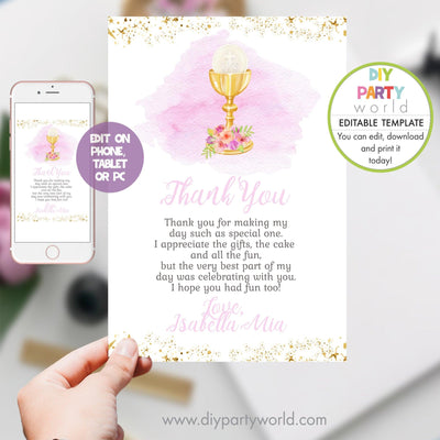 DIY Editable Pink First Holy Communion Thank You Card R1002 - DIY Party World