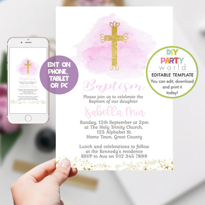 DIY Editable Pink Gold Cross Baptism Invitation R1002 - DIY Party World