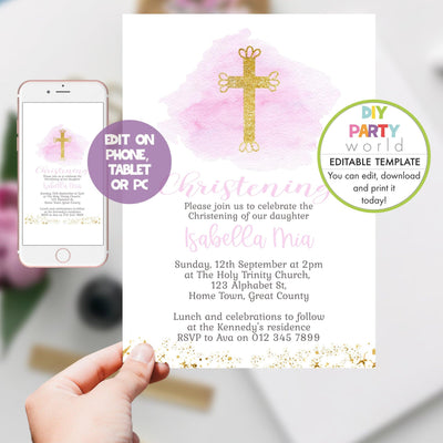 DIY Editable Pink Gold Cross Christening Invitation R1002 - DIY Party World