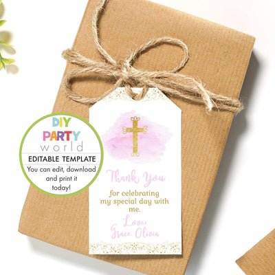 DIY Editable Pink Gold Cross Favour Tag R1002 - DIY Party World