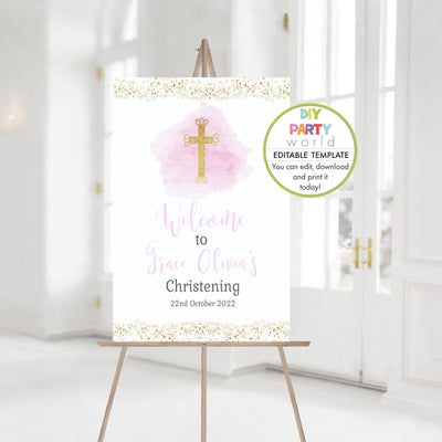 DIY Editable Pink Gold Cross Welcome Sign R1002 - DIY Party World
