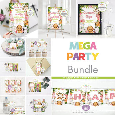 DIY Editable Pink Safari Animals Mega Birthday Party Bundle B1005 - DIY Party World