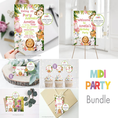 DIY Editable Pink Safari Animals Midi Birthday Party Bundle B1005 - DIY Party World
