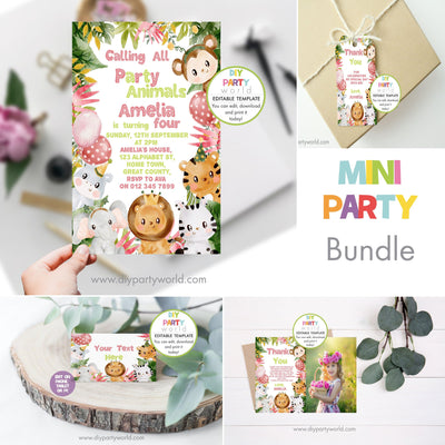 DIY Editable Pink Safari Animals Mini Birthday Party Bundle B1005 - DIY Party World