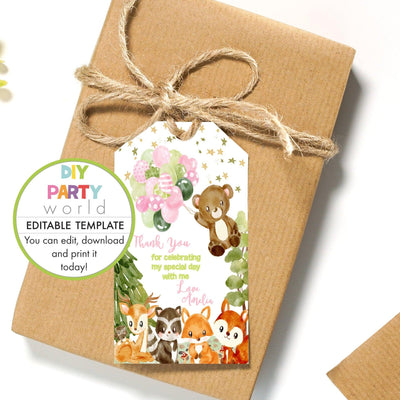 DIY Editable Woodland Animals Party Favour Tag Pink B1011 - DIY Party World