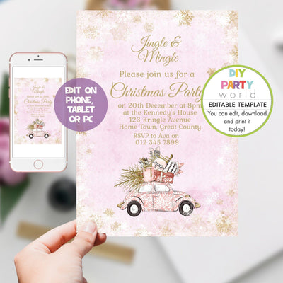 DIY Editable Pink Driving Home for Christmas Party Invitation C1009 - DIY Party World