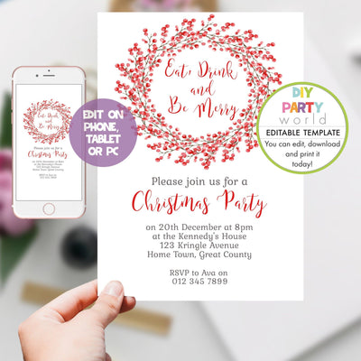 DIY Editable Red Berry Wreath Christmas Party Invitation C1019 - DIY Party World