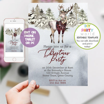 DIY Editable Rustic Reindeer Christmas Invitation C1018 - DIY Party World